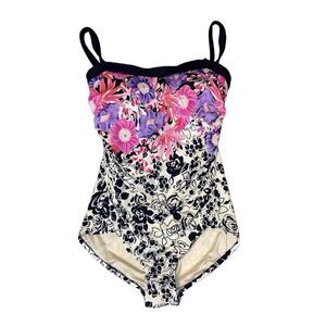 Vtg Maxine of Hollywood Sz 16 One Piece Swimsuit Black Pink White Purple Floral